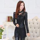 Long-sleeve Faux Leather Lace Panel Top