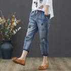 Cropped Embroidered Cat Straight-fit Jeans