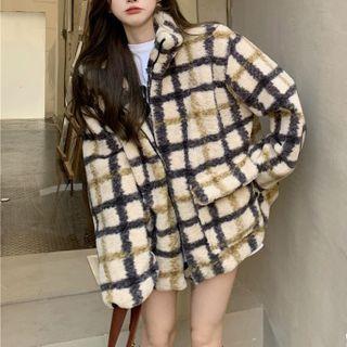 Plaid Fluffy Coat Beige & Black & Green - One Size