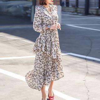 Tie-neck Floral Print Layered Dress