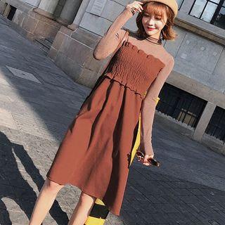 Mock Two-piece Shirred Long-sleeve Dress