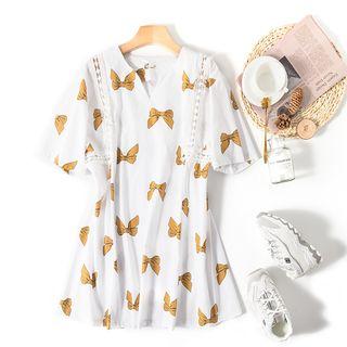 Lace Panel Short Sleeve Bow Print A-line Dress