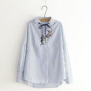 Striped Embroidered Loose-fit Long-sleeve Shirt
