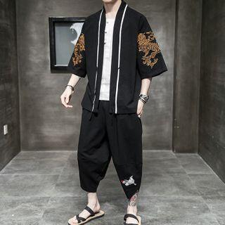 Set: Elbow-sleeve Embroidered Jacket + Harem Pants