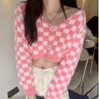 Checker Print Cropped Cardigan Pink - One Size