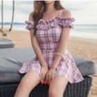 Short-sleeve Cold-shoulder Plaid Mini A-line Swim Dress