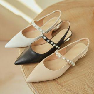 Pointy-toe Faux Pearl Chunky Heel Slingback Sandals