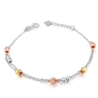 14k Tri Colour White Yellow Rose Gold Double Chain Moving Diamond-cut Beads Bracelet (6.5)