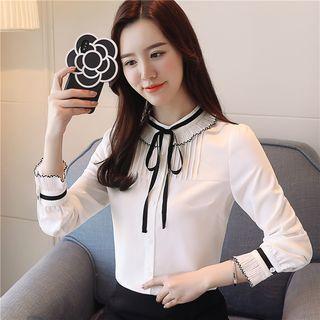 Long-sleeve Tie-neck Pintuck Shirt