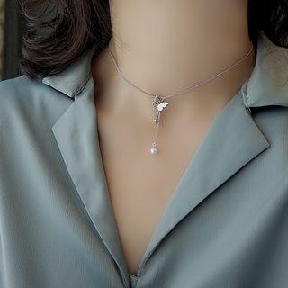 925 Sterling Silver Faux Pearl Butterfly Choker