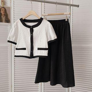 Set: Short-sleeve Contrast Trim Top + Midi A-line Skirt Set Of 2 - Top & Skirt - White & Black - One Size