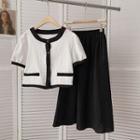 Set: Short-sleeve Contrast Trim Top + Midi A-line Skirt Set Of 2 - Top & Skirt - White & Black - One Size