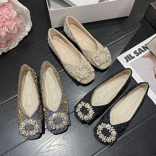 Faux Pearl Rhinestone Faux Leather Flats