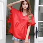 Frilled Wide-sleeve Shirred Top Red - One Size