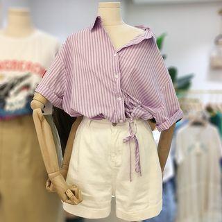 Set: Elbow-sleeve Striped Shirt + Wide-leg Denim Shorts