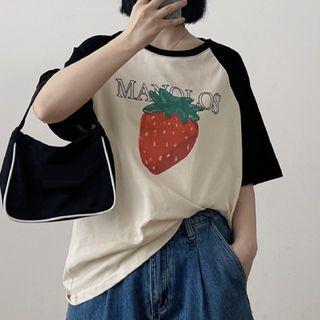 Elbow-sleeve Strawberry Print Raglan T-shirt