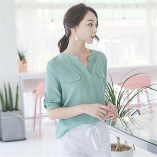 Open-placket 3/4-sleeve Blouse