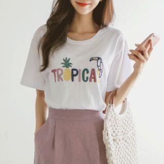 Tropical Lettering-embroidered T-shirt