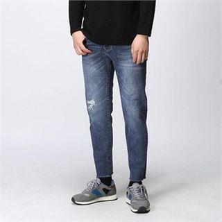 Distress-detail Washed Tapered Jeans