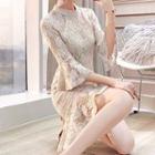 Ruffle Hem Lace 3/4-sleeve Dress