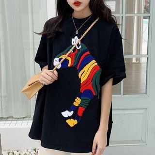 Elbow-sleeve Zebra Applique T-shirt