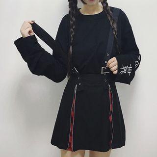 Lettering Long-sleeve T-shirt / Plaid Panel Suspender Skirt