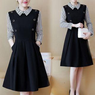 Mock Two-piece Long-sleeve Striped Paneled A-line Dress