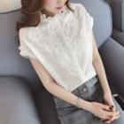 Floral Embroidered Frilled Neck Short-sleeve Blouse