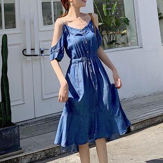 Short-sleeve Cold Shoulder Denim Midi Dress