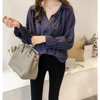 Lantern-sleeve V-neck Plain Blouse