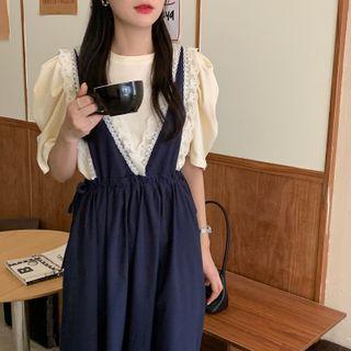 Puff-sleeve Plain Top / Lace Trim Jumper Dress
