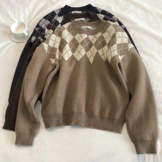 Long-sleeve Color Block Argyle Sweater