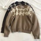 Long-sleeve Color Block Argyle Sweater