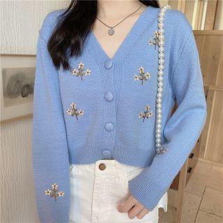 V-neck Flower Embroidered Long-sleeve Cropped Cardigan