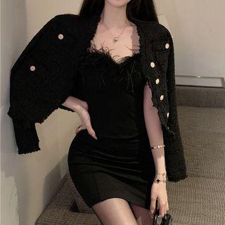 Strapless Fluffy Trim Mini Sheath Dress / Tweed Jacket