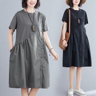 Short-sleeve Asymmetric Panel Button Midi A-line Dress