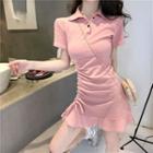 Short-sleeve Drawstring-front Mini A-line Polo Dress