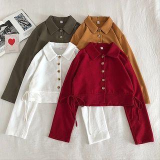 Drawstring Cropped Buttoned Blouse