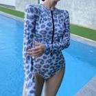 Long-sleeve Leopard Print Half-zip Swimsuit