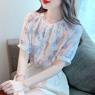 Short-sleeve Flower Pattern Chiffon Blouse