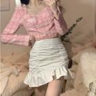 Long-sleeve Plaid Top / Mini Skirt