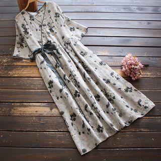 Short-sleeve Floral Print Tie-waist Midi A-line Dress Gray - One Size