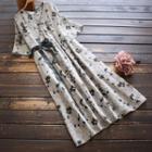 Short-sleeve Floral Print Tie-waist Midi A-line Dress Gray - One Size
