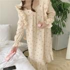 Long-sleeve Cherry Print Sleep Dress Beige - One Size