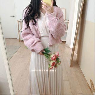 V-neck Cardigan / Long-sleeve Midi A-line Pleated Dress