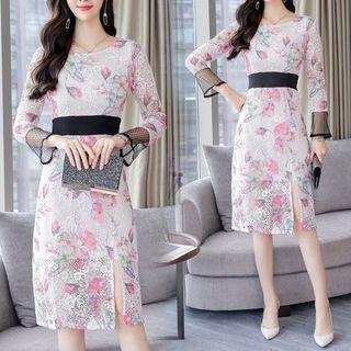 Flower Print Slit Lace Sheath Dress