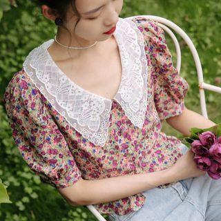 Short-sleeve Floral Print Blouse Floral - One Size