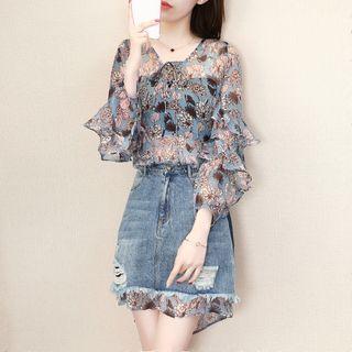 Set: 3/4-sleeve Floral Print Top + Denim Mini Skirt