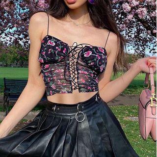 Floral Print Lace-up Crop Camisole Top