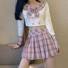 Sailor Collar Cropped Blouse / Plaid Mini A-line Skirt / Set